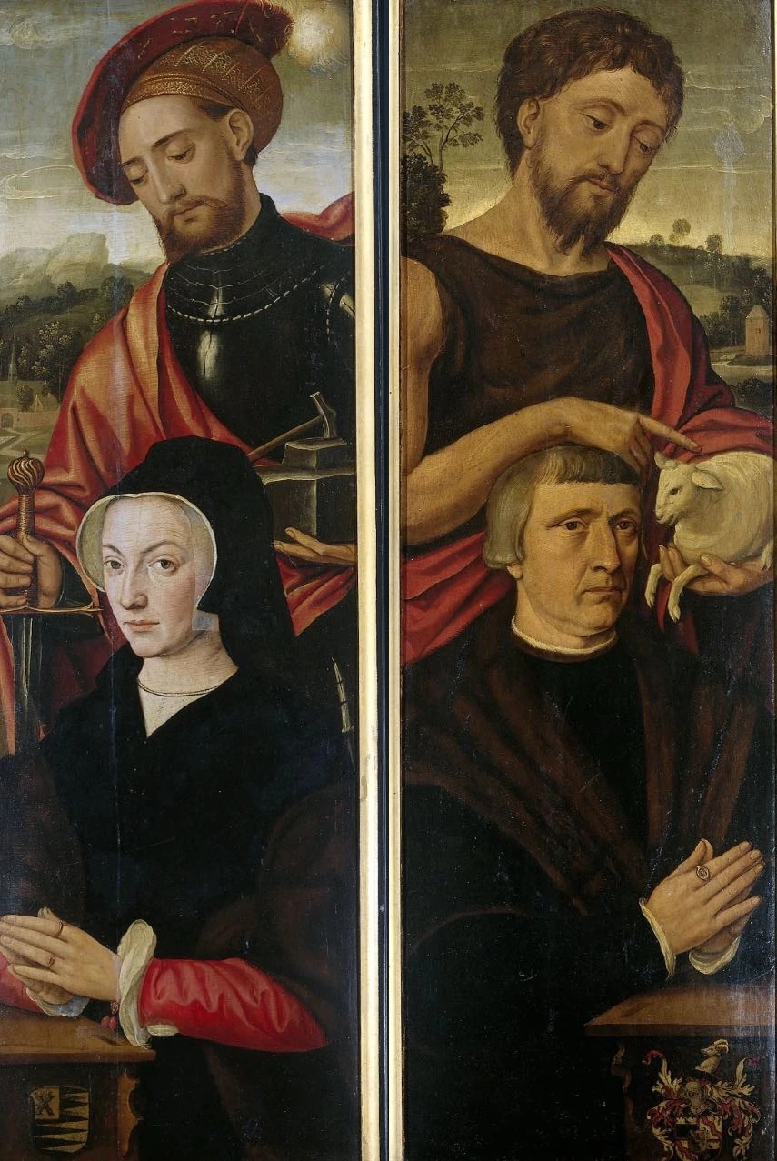 Two Wings of a Triptych with Portraits of Donors with Saints Adrian and John the Baptist